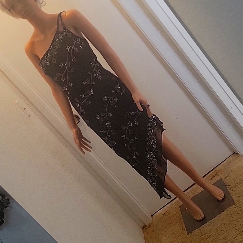 SCALA 💯 Silk, Beaded Asymmetric Dress Gown
